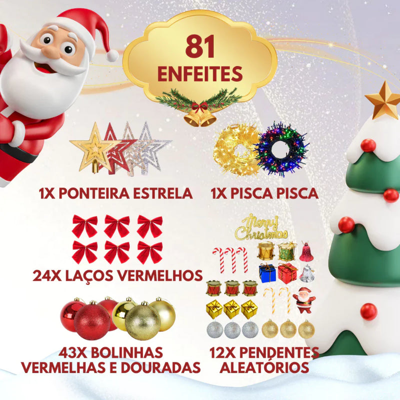 Árvore de Natal Pinheiro 1,5m com 200 Galhos e 81 Enfeites